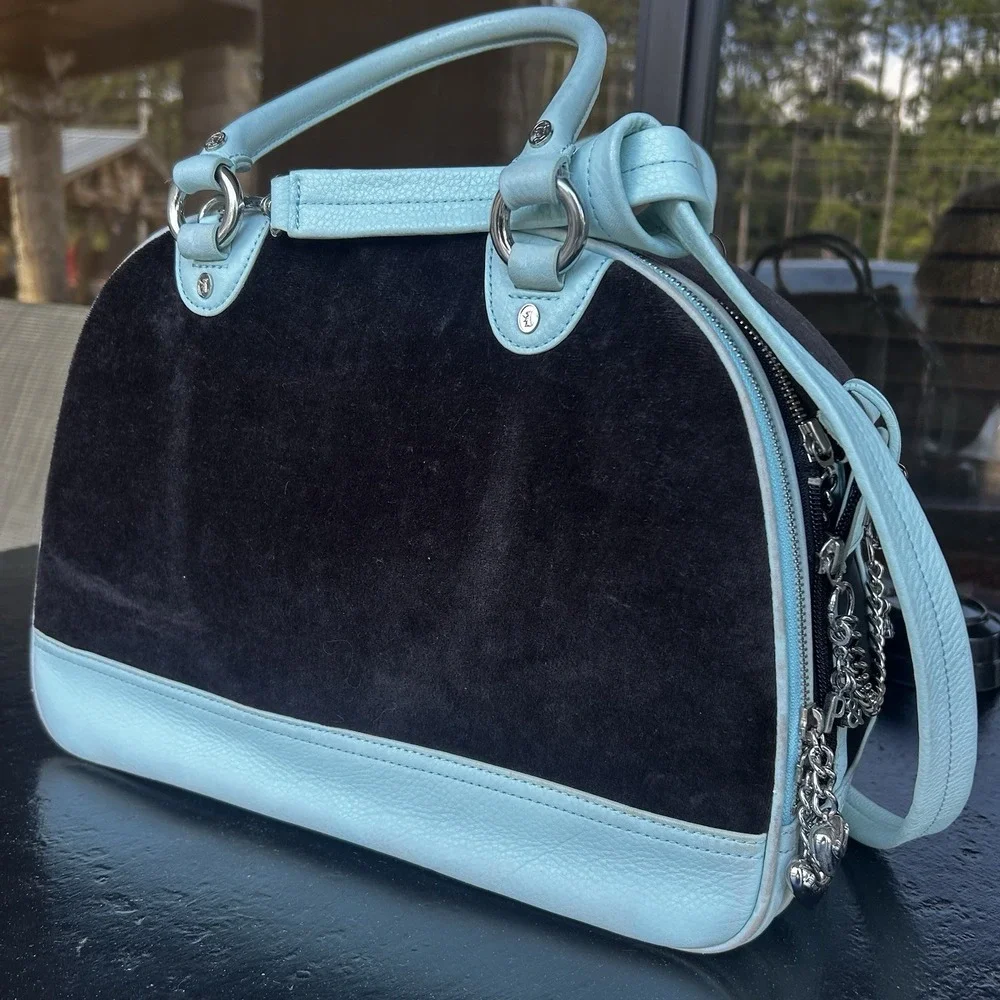 Rare Vintage Y2K Juicy Couture Dog Carrier Ice Blue Velour Blingy Bowling Bag Sm